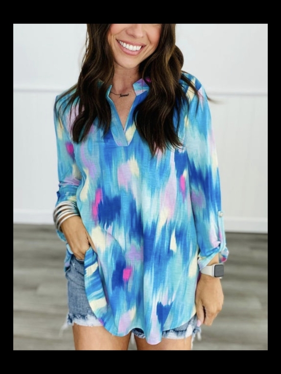 Dear Scarlett Tops - Dear Scarlett Abstract Blue Brush Stroke Watercolor Lizzy Blouse Large